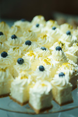Sweet desserts, pastries on the table during the event. Catering servicing of guests and participants during mass events.