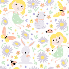 Seamless pattern with little girls playing