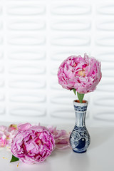 One Pink Peony Flower Bloom - Greek Islands Style Hand Painted Vase - Full Blooming Peony with Loose Petals - Fresh Summer Floral Arrangement