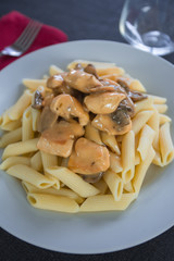 pâtes et poulet sauce champignons