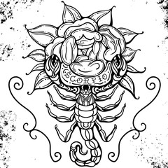 Beautiful line art filigree zodiac symbol. Black sign on vintage background. Vector clipart. Elegant jewelry tattoo. Scorpio