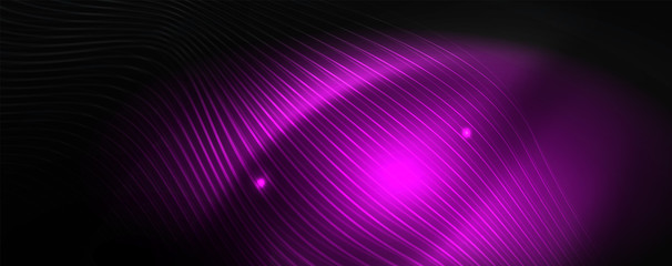 Smoky glowing waves in the dark. Dark abstract background with neon color light and wavy lines. Vector