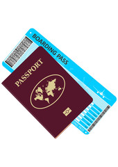 Passport and plane ticket. A modern biometric passport with a boarding pass. Travel and tourism concept. Flat vector.