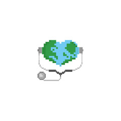 Pixel Hearth earth with stethoscope.8bit.World health day.