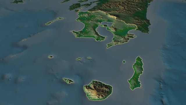 Kagoshima - prefecture of Japan zoomed on the physical map of the globe. Animation 3D