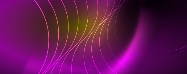 Bright neon circles and wave lines, glowing shiny background design template, digital techno concept.