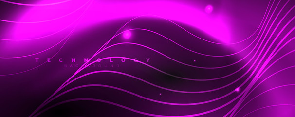 Dark abstract background with bright color neon lights and lines. Glowing background