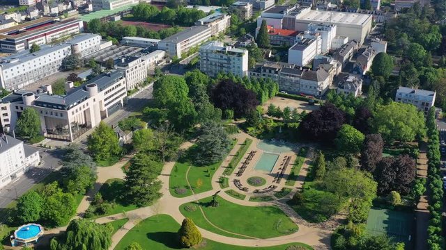 Aerial view of cityscape of Orleans, historic centre of city, landscaped public park with a boating pond Parc Pasteur - landscape panorama of France from above, Europe