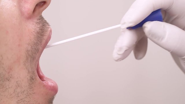 Doctor getting saliva test sample using a swab in medical laboratory. Close-up demonstration. Isolated, on blurred background, copy space