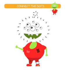 Connect the dots and color. Funny monster. Cartoon vector Illustration of educational game.