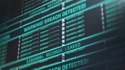 Data breach, warning message on screen, number of leaked records growing. Important data breach in progress