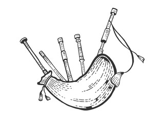 Bagpipes instrument sketch engraving vector illustration. Scratch board style imitation. Black and white hand drawn image.