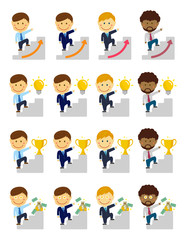deformed cartoon businessman illustrations set of going up the stairs aiming at success, career up, innovation, money etc.