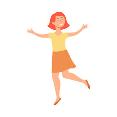 Happy little girl smiling and jumping, cute child having fun and doing jump pose