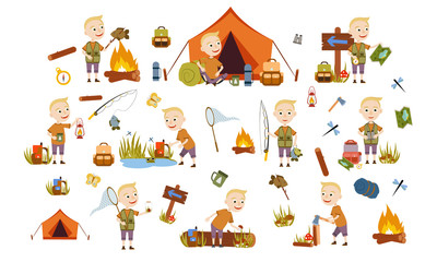 Set blond boy with a trendy hair style tourist on nature. Camping. Fishing ,, overnight in picnic mushrooms, fun and relaxation. Children's camp. Scouts. Cute Vector Illustration