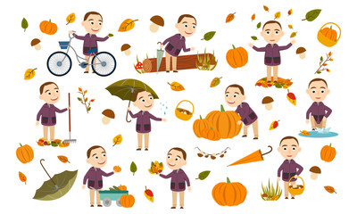 Set short-haired boy in an autumn jacket plays with leaves, launches a paper boat, rides a bicycle, carries pumpkins and has fun in the fall. Cute Vector Illustration