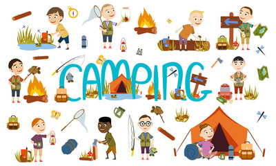 Set different boys tourist on nature. Camping. Fishing ,, overnight in picnic mushrooms, fun and relaxation. Children's camp. Scouts. Cute Vector Illustration