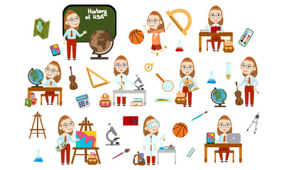 Fototapeta premium Set girl with glasses school student. Student in different lessons: science, history, sports, art, maths, English, information technology, music. Conducting experiments. Cute vector