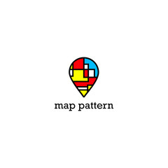 GPS navigator icon, colorful polygonal shape pattern logo dash line, digital map pointer concept, illustration blue, red and yellow isolated on white background