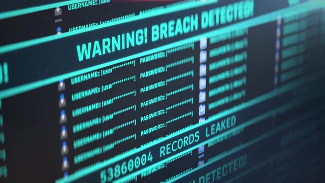 Warning, breach detected message on pc screen, number of leaked records counting. Important data breach in progress