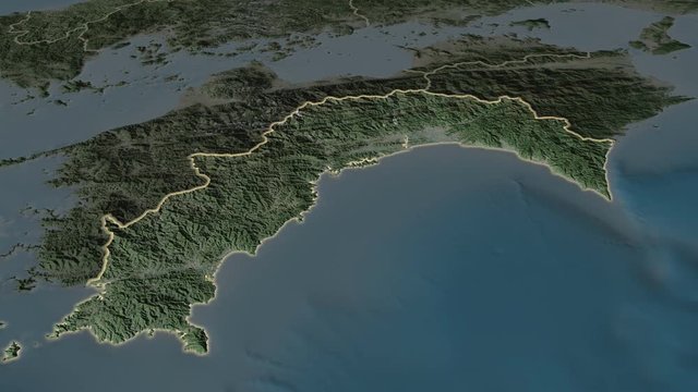 Kochi - prefecture of Japan zoomed on the satellite map of the globe. Animation 3D