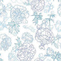 White vector repeat pattern with blue outline peony florals. Japan inspired pattern. Perfect for paper and textile projects or events. Surface pattern design.