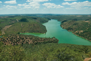 Obraz premium Tagus River running through a hilly valley with trees and house