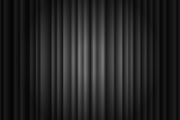 Closed silky luxury black curtain stage background spotlight beam illuminated. Theatrical drapes. Vector gradient illustration