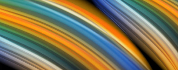Abstract wave lines fluid rainbow style color stripes on black background. Artistic illustration for presentation, app wallpaper, banner or poster