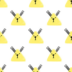 Kawaii Squares Rabbits Seamless pattern. Vector Hand Draw Background with the faces of Rabbits. Endless Background pencil Texture of squares in pastel colors. template for the packaging, baby textile