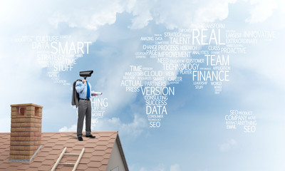 Concept of home security and privacy protection with camera headed man