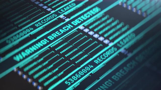 Warning, breach detected warning message on screen, records leaked, spyware. Important data breach in progress