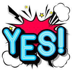 Yes- retro  popart style lettering with shadows on a white background.