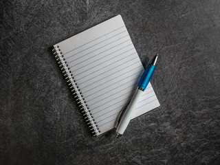 Spiral notebook with empty page and pen on a dark slate background copy space