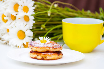 Cottage cheese pancakes, syrniki with chamomiles. Gourmet breakfast.