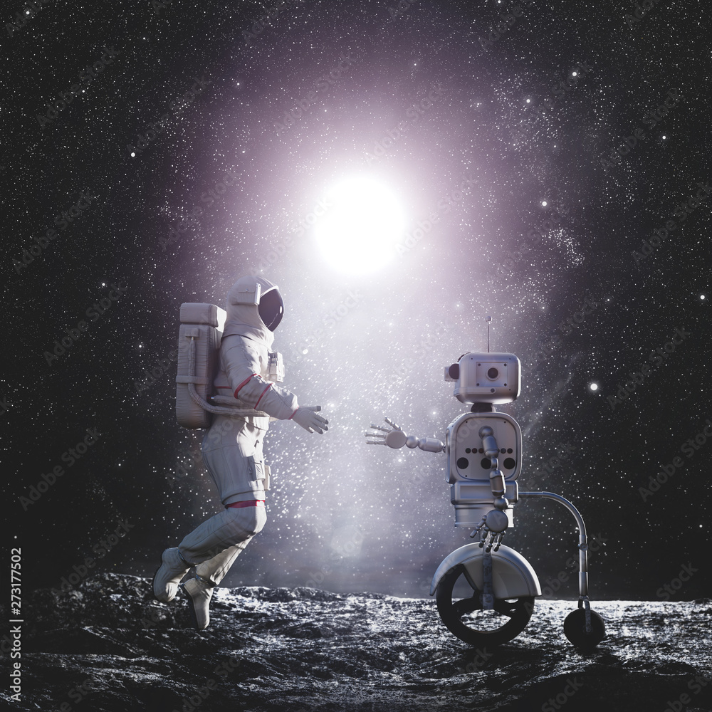 Sticker astronaut and robot or artificial intelligence handshake on alien planet.