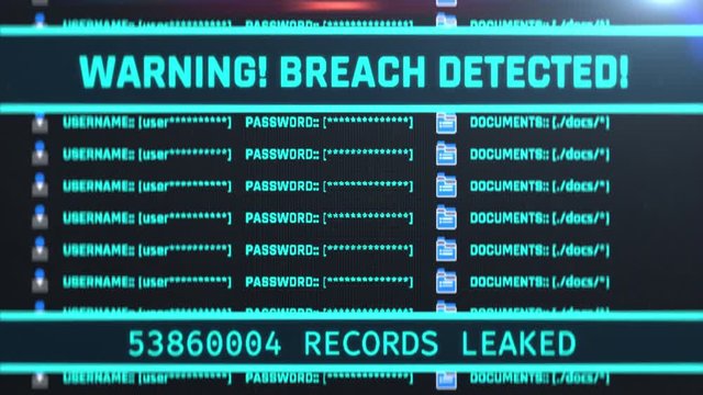 Breach detected warning message on screen, stolen passwords, spyware detected. Important data breach in progress