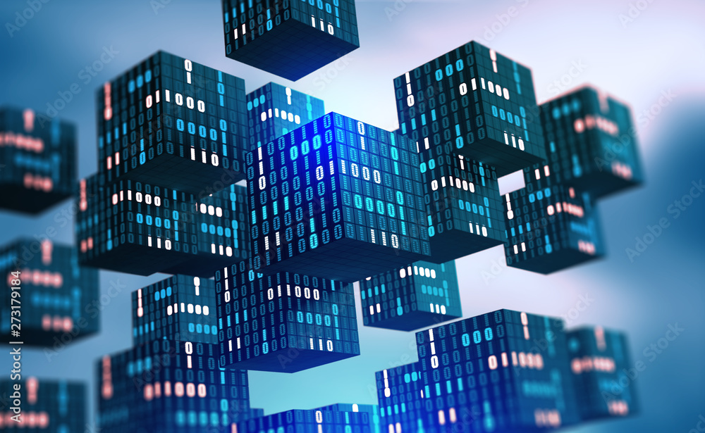 Poster Blockchain Information flows in the digital global networks. 3D illustration of data cells with binary code elements.
