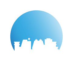 city skyline in blue circle background