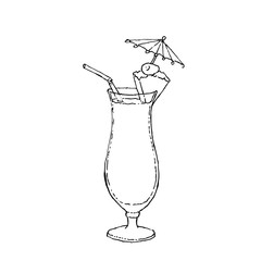 Pina Colada Cocktail monochrome vector sketch illustration