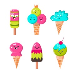 Kawaii ice cream characters set. Cute cartoons