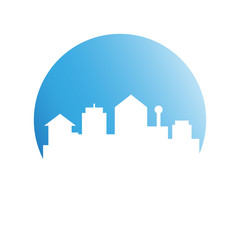 city skyline in blue circle background