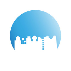 city skyline in blue circle background