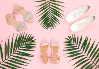 Summer women's shoes. Pink heeled sandal, silver glitter flat sandal, white lace up sneakers and...