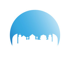 city skyline in blue circle background