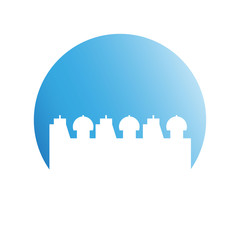 city skyline in blue circle background