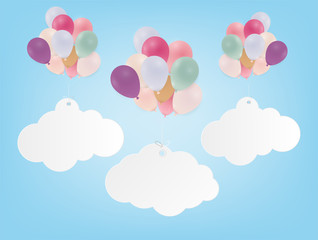 Paper art with cloud on blue sky. Copy space. Speech Bubble, White blank hanging and balloon.