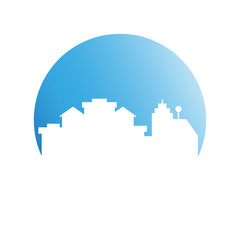 city skyline in blue circle background
