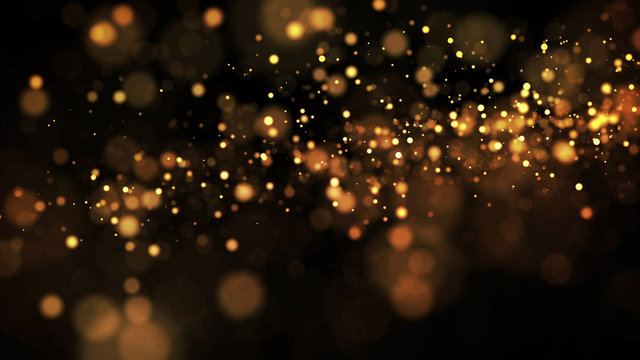 gold particles glisten in the air, gold sparkles in a viscous fluid have the effect of advection with depth of field and bokeh. 3d render. cloud of particles. 14