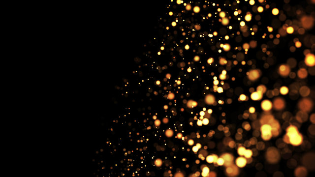 gold particles glisten in the air, gold sparkles in a viscous fluid have the effect of advection with depth of field and bokeh. 3d render. cloud of particles. 22
